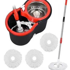 Juego de trapeador y cubo, trapeador giratorio de 360° y cubo con juego de escurridor y 3 recambios de mopa de microfibra, acero inoxidable de 61 pulgadas, sistema de cubo giratorio para fregona giratoria de 61 pulgadas para limpieza de suelos