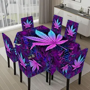 5/7-piece 2D Flat Printing Purple and Blue Marijuana Leaf Abstraction Printing Pattern Tablecloth and Chair Cover Set, for dining table and chair decoration, perfect for home, holiday gatherings, restaurants, and parties.