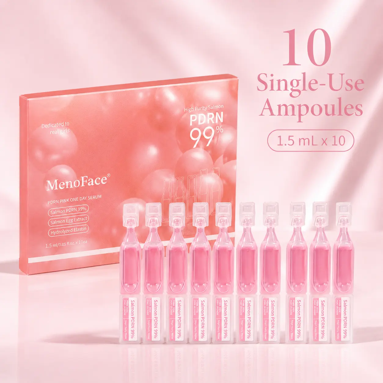 MenoFace PDRN Serum Ampoules, 99% Salmon Extract Pink 1-Day Hydrating Skincare Essence, 10pcs Lightweight Capsule Capsule Daily Silky