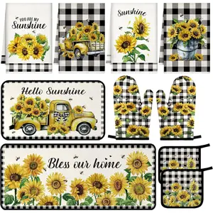Fanfanwin 10 Pcs Sunflower Kitchen Decor Oven Mitts Pot Holders 2 Kitchen Rugs and 4 Towels for Cooking Baking Mom Gift Home Decor(Beige,Sunflower)