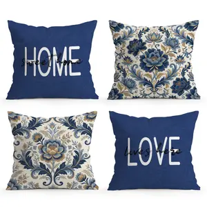 4pcs Navy Blue Vintage Floral Pillow Covers, Single-Sided Print, No Insert, Home Decor for Living Room Bedroom, All Seasons Use