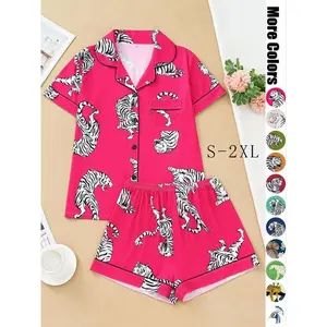 Women’s tiger print pocket pajama set, soft lapel collar short-sleeve top and shorts PJ set, women’s sleepwear, summer outfits 2024, pajamas GARMENTARY