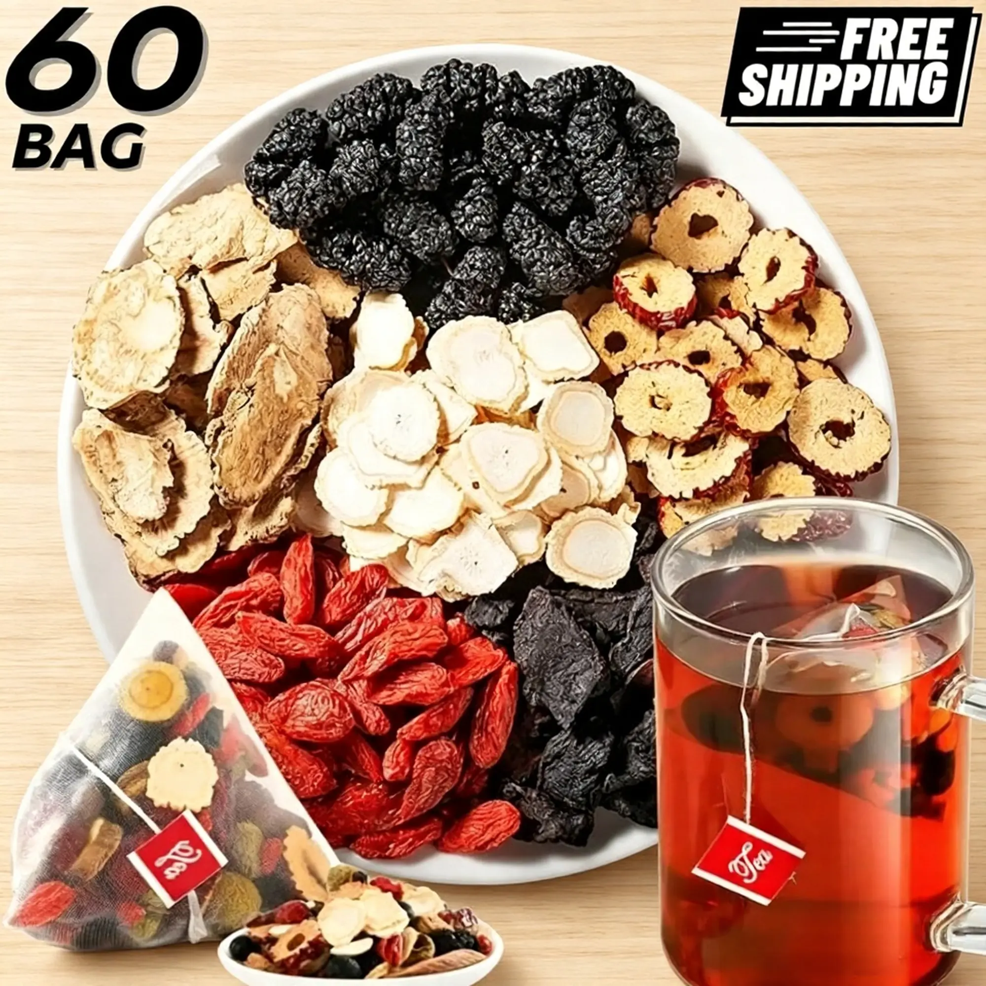 Men's Daily Health Herbal Tea 60 Organic Bags, Ginseng Five Treasure Aromatic Blend Contains Eight Treasure Raw Materials, Red Date Wolfberry & Mulberry Kidney