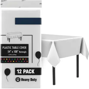 White Plastic Tablecloth Disposable (12 Pack) Bulk - Ultra Heavy Duty Rectangle Tables Table Cloths - (54" x 108") 6 Foot or 8 Foot Tables, Birthday Parties Christmas Party [12 Pack]