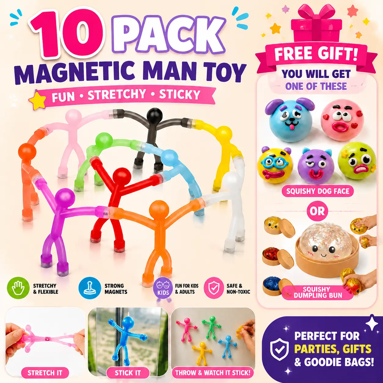 10 Pack Magnetic Man Toy, Colorful Magnetic Stick Figures Building Set, Stretchy Fidget Sensory Toy for Kids, Creative Magnetic Construction Toys with Free Squishy Gift