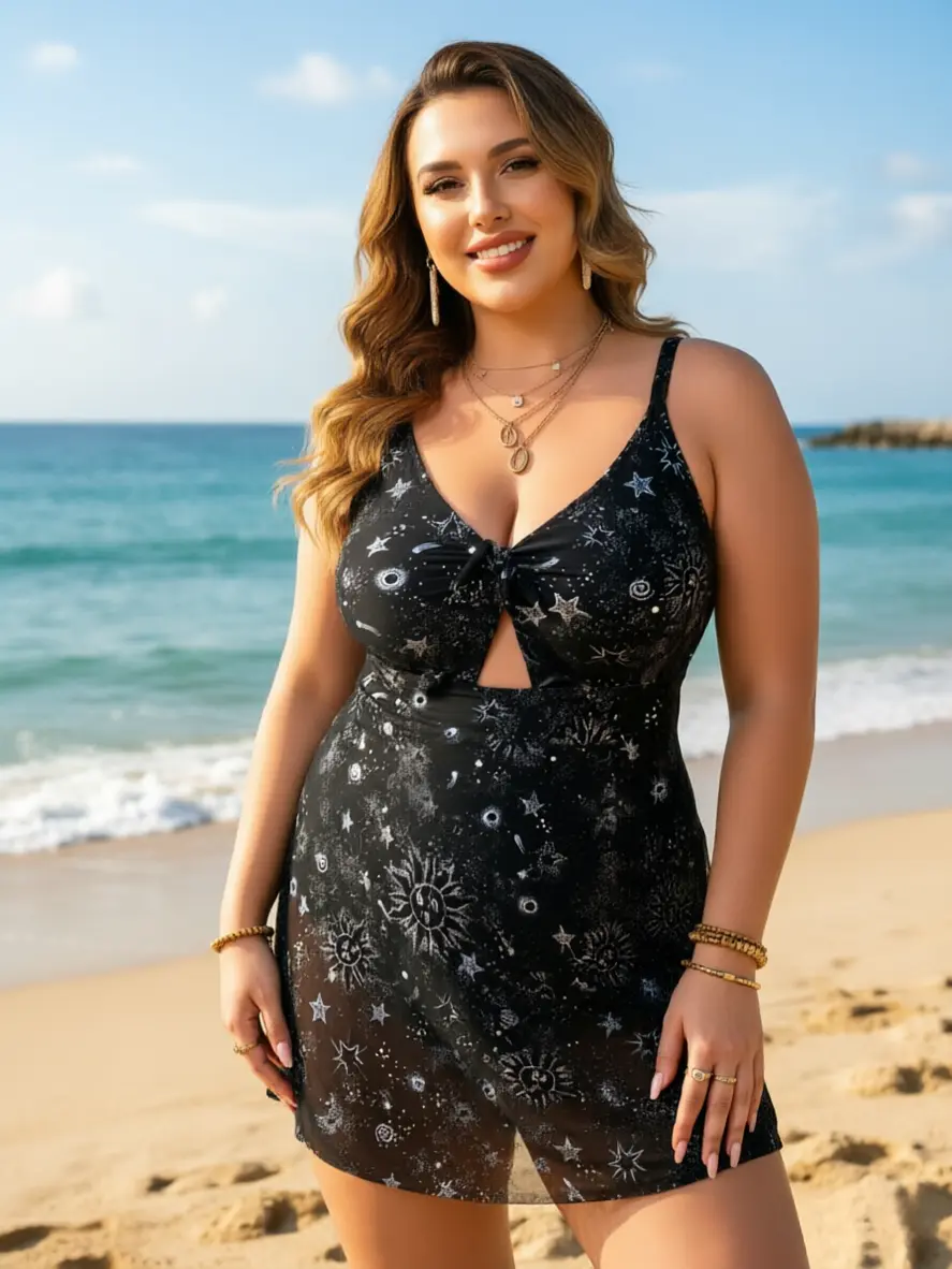 Plus Size 2-Piece Celestial Star Sun Print Ocean-Style Black Tankini Bathing Suit for Women - Front Knot V-Neck Mesh Cutouts Swim Dress, Boyshort Bottom, Tummy Control, Curvy Cut, Removable Pads, Polyester Blend for Summer Beach (Swimsuit for Women)