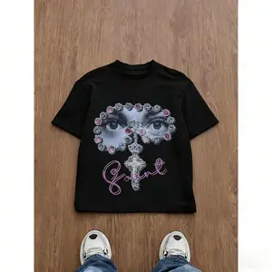 Men's Loose Fit Graphic Print T-Shirt, Y2K Style, Gem Embellished Eye Cross Pattern, All-Season Casual Wear, Unisex Street Fashion Streetwear