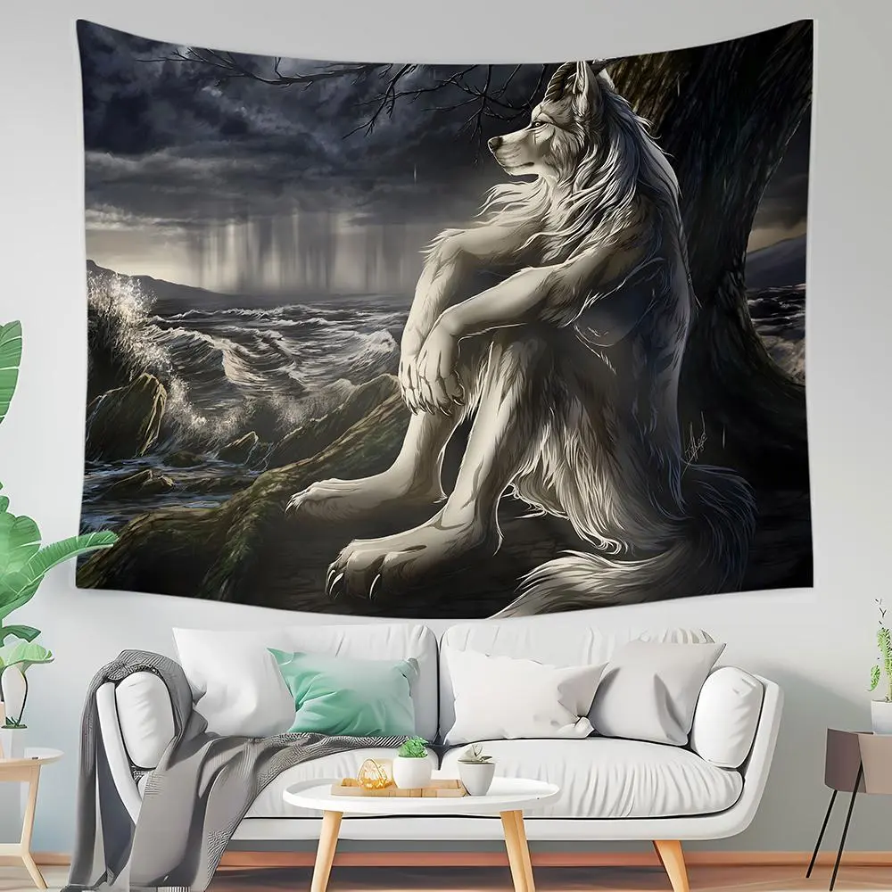 Wolf Pattern Tapestry, 1 Count Creative Animal Design Wall Hanging Tapestry, Wall Art Decor for Home Living Room Bedroom Study Room, Durable Decorative Tapestry Decoration