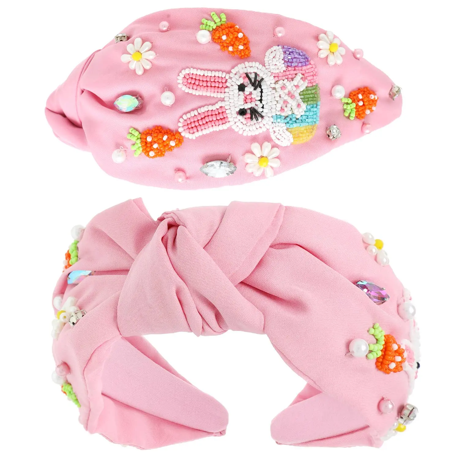 Floral Easter Bunny Beaded Top Knotted Headband