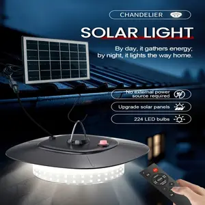 Solar panel ceiling lamp, featuring both outdoor and indoor lighting functions, with remote control feature, rainproof design, suitable for hanging use on pergolas and porches, and with adjustable timing options of 2 hours, 4 hours, and 6 hours.