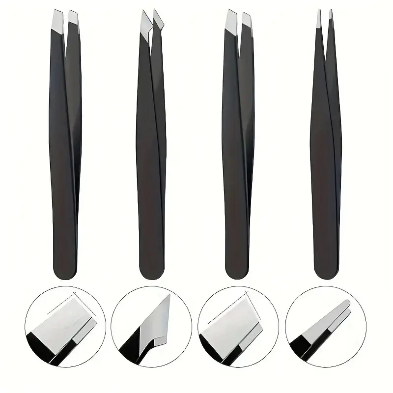 4 Pack Matte Black Precision Stainless Steel Tweezers Set, Multi-Type Tip Beauty Tweezers for Eyebrow Shaping & Removal of All Kinds of Facial Fine Hair