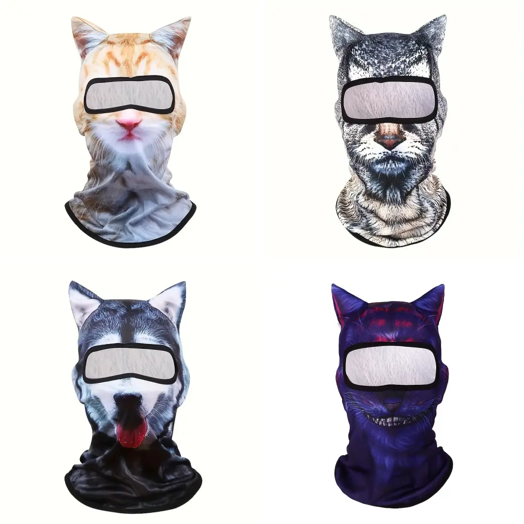 4 PCS 3D Pattern Cute Cat Hood Sweat-Absorbing Breathable Funny Mask, Unisex, Cute Animal Ear Fun Balaclava, Outdoor Sports Party Riding Hood sohochic