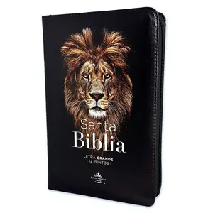 Bible in Spanish with Zipper 12 Point Large Font Reina Valera 1960 Imitation Leather Black The Lion of the Tribe of Judah has Conquered