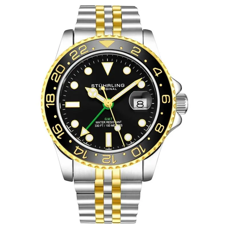 Stuhrling Aqua-Diver 3968 Quartz Men's 2 Tone  Bracelet Black Dial Watch