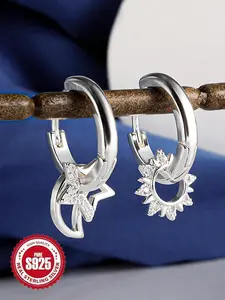 925 Sterling Silver Fashionable Moon & Star Design Hoop Earrings, High Quality Earrings, Artificial Zircon Decor Earrings, Trendy All-match & Exquisite Jewelry for Birthday Gift