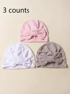 Solid Color Bow Decor Baby Hat Bonnet, Cute Bowknot Design Baby Hat for Daily Wear, Newborn Infant Kids Hat for All Seasons