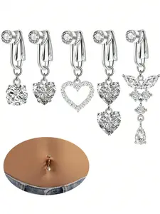 5 Piece Navel Clip Butterfly Heart Zircon Fake Belly Ring Clips No Piercing, Elegant Copper Material, All Seasons Accessory, Non Piercing Jewelry, Body Jewelry
