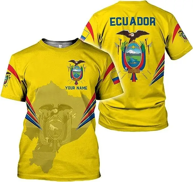 Ecuador Personalized Name Double Sided Graphic Shirt, National Map and Coat of Arms Eagle All Over Print, Yellow Red Blue Crew Neck or V-Neck T-Shirt, Unisex Ecuadorian Heritage Gift, Size S-5XL