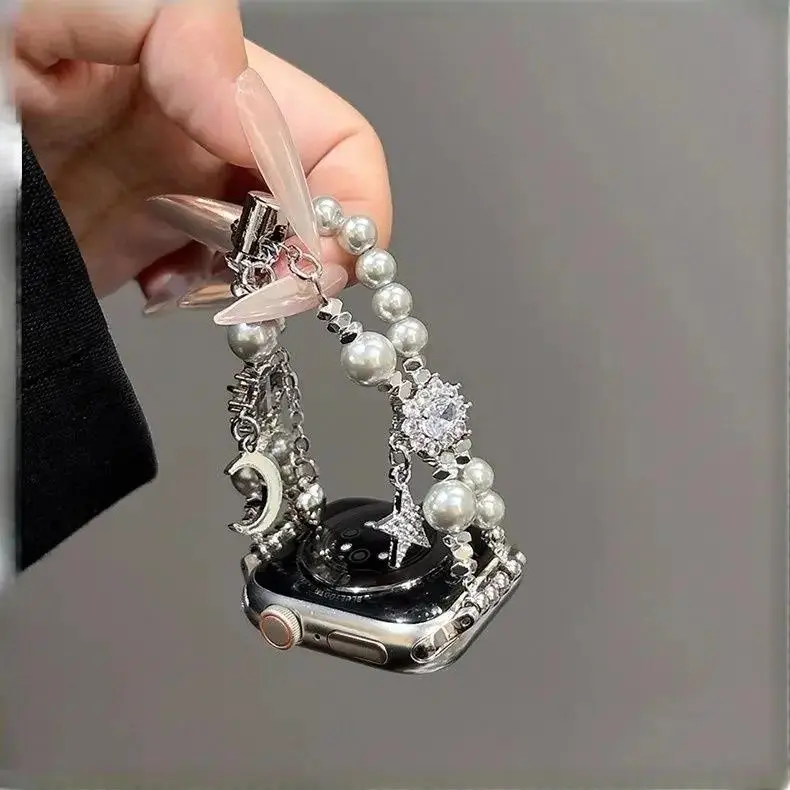 Sparkling Diamond Star Moon Pearl Bead Compatible iWatch Strap 38mm 40mm 41mm 42mm 44mm 45mm 49mm Fashionable Handmade Strap