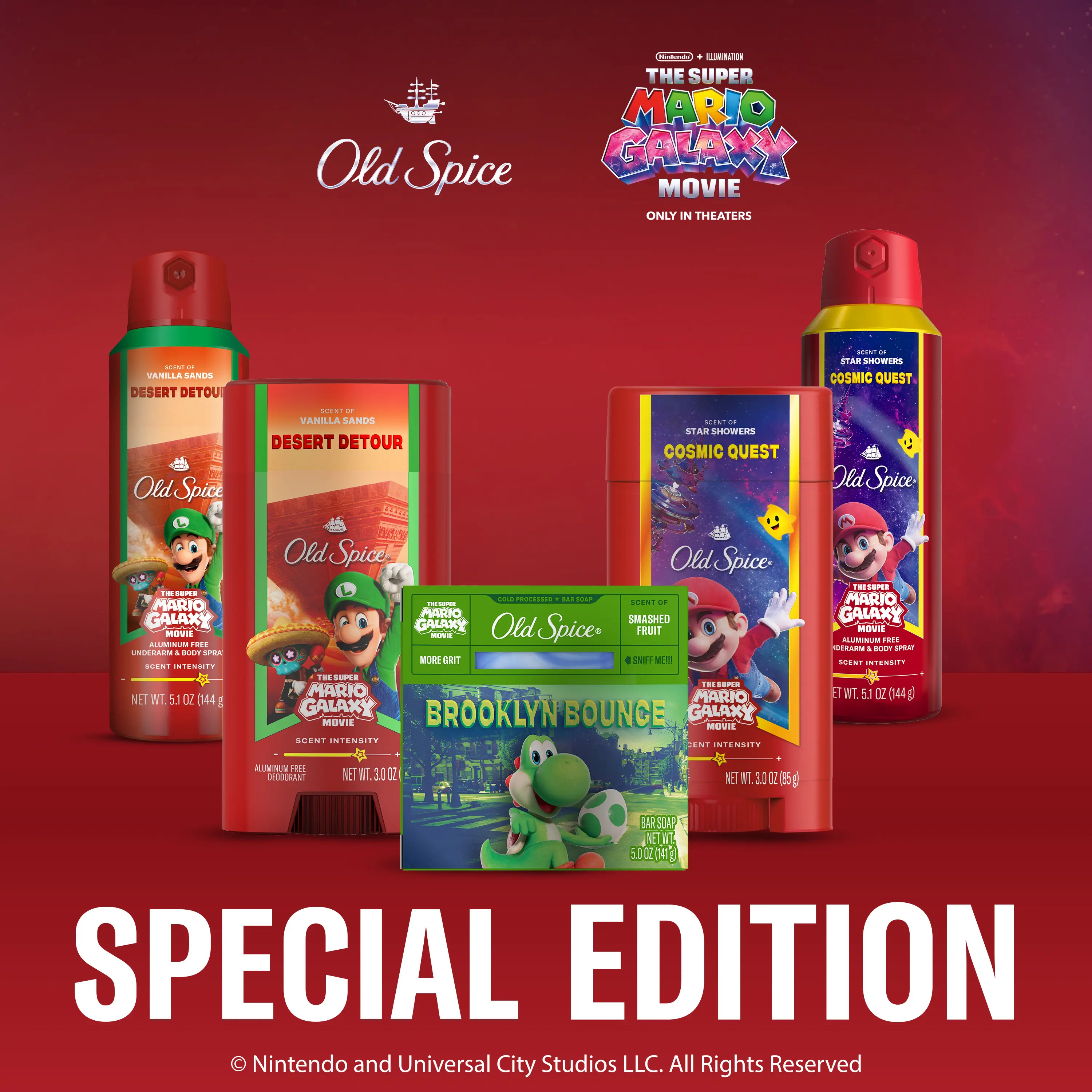 Old Spice x The Super Mario Galaxy Movie 5-Piece Men's Bundle: Cosmic Quest Star Showers & Desert Detour Vanilla Sands Body Sprays 5.1 oz each, Cosmic Quest Star  & Desert Detour Deodorants 3 oz each,  Brooklyn Bounce Bar Soap 5oz