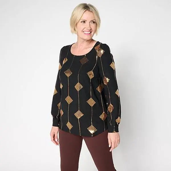 Nina Leonard Textured Wave Sequined Balloon Sleeve Top
