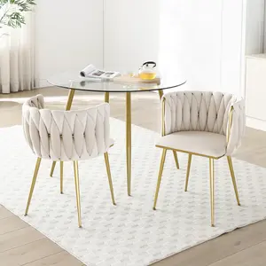 Velvet Dining Chairs Set of 2, Accent Chairs with Gold Metal Legs, Woven Upholstered Dining Chairs for Living Room/Bedroom/Kitchen