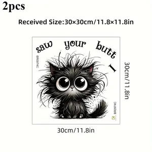 2pcs SummerVibes BRUP Glam Style Watercolor Funny Cat Toilet Sticker, Self-Adhesive PVC Bathroom Decal, Animal Print Home Decor For Bedroom, Living Room, Semi-Matte Finish, Single Use, Rectangle Shape, Spring/Summer Carance And Closeout
