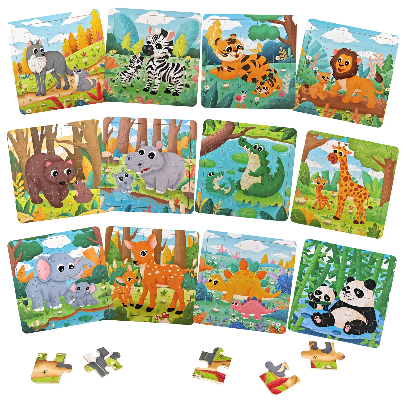 EDUTREE 12 PCS Wooden Jigsaw Puzzle Set Funny Animals Puzzles for Girls Boys Educational Preschool Toys Colors Shapes Cognition Skill Learning Birthday Gifts, Mother's Day