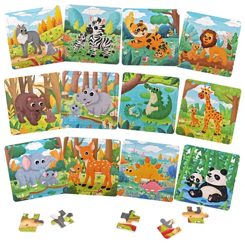 EDUTREE Wooden Jigsaw Puzzle Set 12-Pack - Natural Wood Animal Puzzles, 6 x 6 x 0.2 in, Montessori Beginner Toy for 3-6 Years, Unisex Educational Birthday Gifts, Fine Motor & Critical Thinking