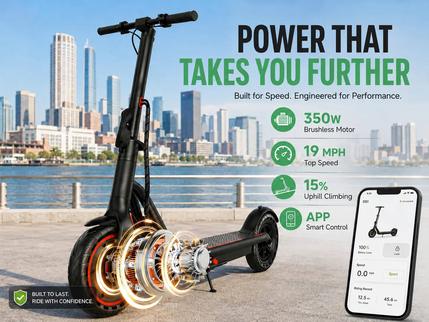SummerWins Unisex Foldable Electric Scooter - 350W Brushless Motor, 19MPH Max Speed, 15 Mi Range, 15% Hill Climbing, Smart LED Display, Bluetooth APP Control, Solid Tire, Portable City Riding Fitness for Everyone Commuter E-Scooter, 350W Motor