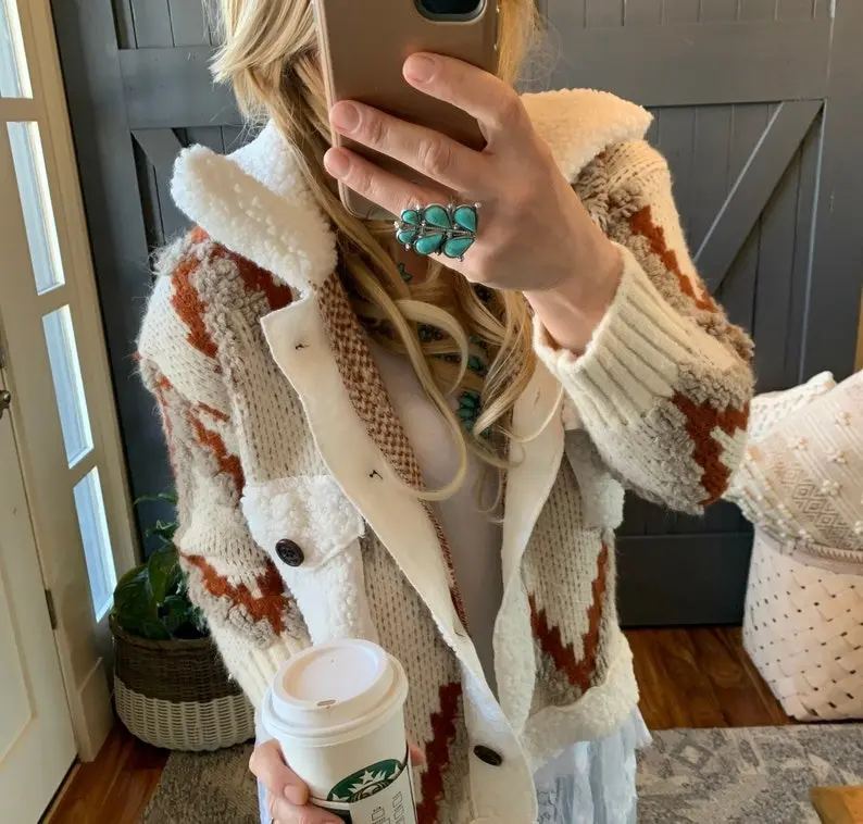 Montana Native Knit Sherpa Sweater Jacket Quilted Coat for Women - Casual Style - Womenswear