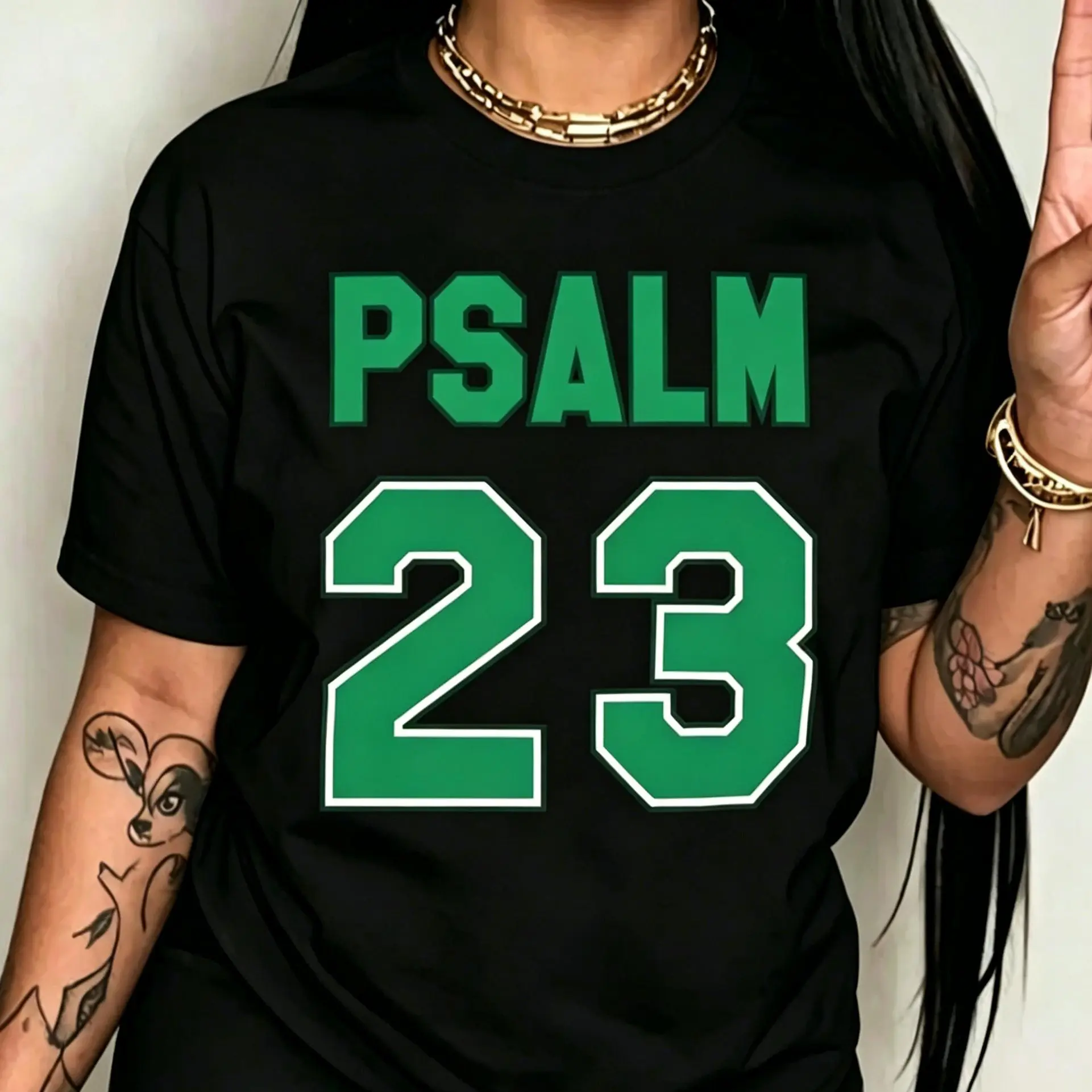 Plus Size Women'S Psalm 23 Jersey Premium T-Shirt- Oversized Casual Short Sleeve Round Neck Tee With Bold Green Lettering, Soft Breathable Fabric For Holiday Parties& Gift Giving