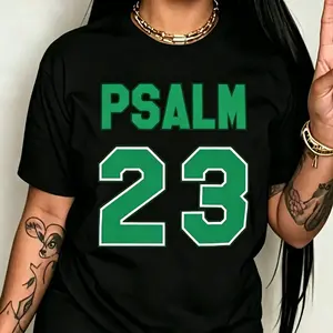Plus Size Women'S Psalm 23 Jersey Premium T-Shirt- Oversized Casual Short Sleeve Round Neck Tee With Bold Green Lettering, Soft Breathable Fabric For Holiday Parties& Gift Giving