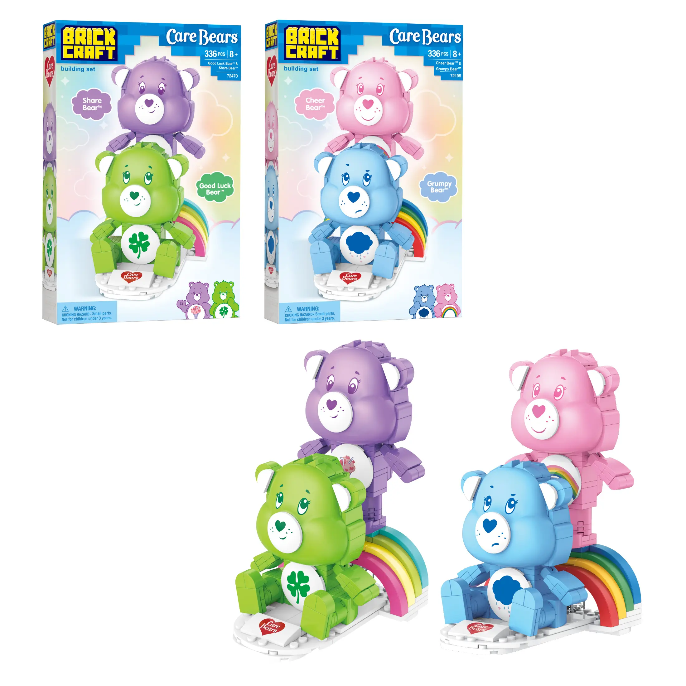 Brickcraft Care Bears 4-Pack Bundle Building Set, 672-Piece Collectible Figures with Rainbow Display Bases, Ages 8+