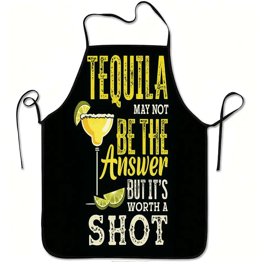 1pc Tequila May Not Be The Answer But It'S Worth A Shot Funny Print Apron | Durable, Easy to Clean, Adjustable Waistband, Polyester, for Kitchen Cooking, Gardening, Orchard Picking, Christmas, Halloween