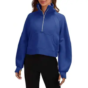 Women's Half Zip Crop Sweatshirt - Fleece Lined Pullover with Funnel Neck & Thumb Holes | Athleisure 2024 Y2K Streetwear Long Sleeve Zip Up Top Winter Casual Outfit Cozy Season Essentials Basic Cotton Blue