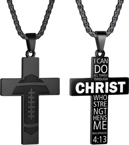 Football Cross Necklace - Boys Inspirational  Verse Pendant, Stainless Steel Chain, 22+2 inch    for Men & Women