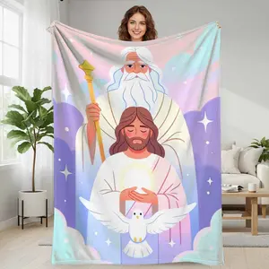 Holy Trinity Flannel Blanket, Divine God & Jesus Spiritual Art Print, Ultra-Soft Lightweight Plush Fabric, Cozy Christian Bedding Decor, Faith-Inspired Home Comfort Essential, Religious Holiday Gift