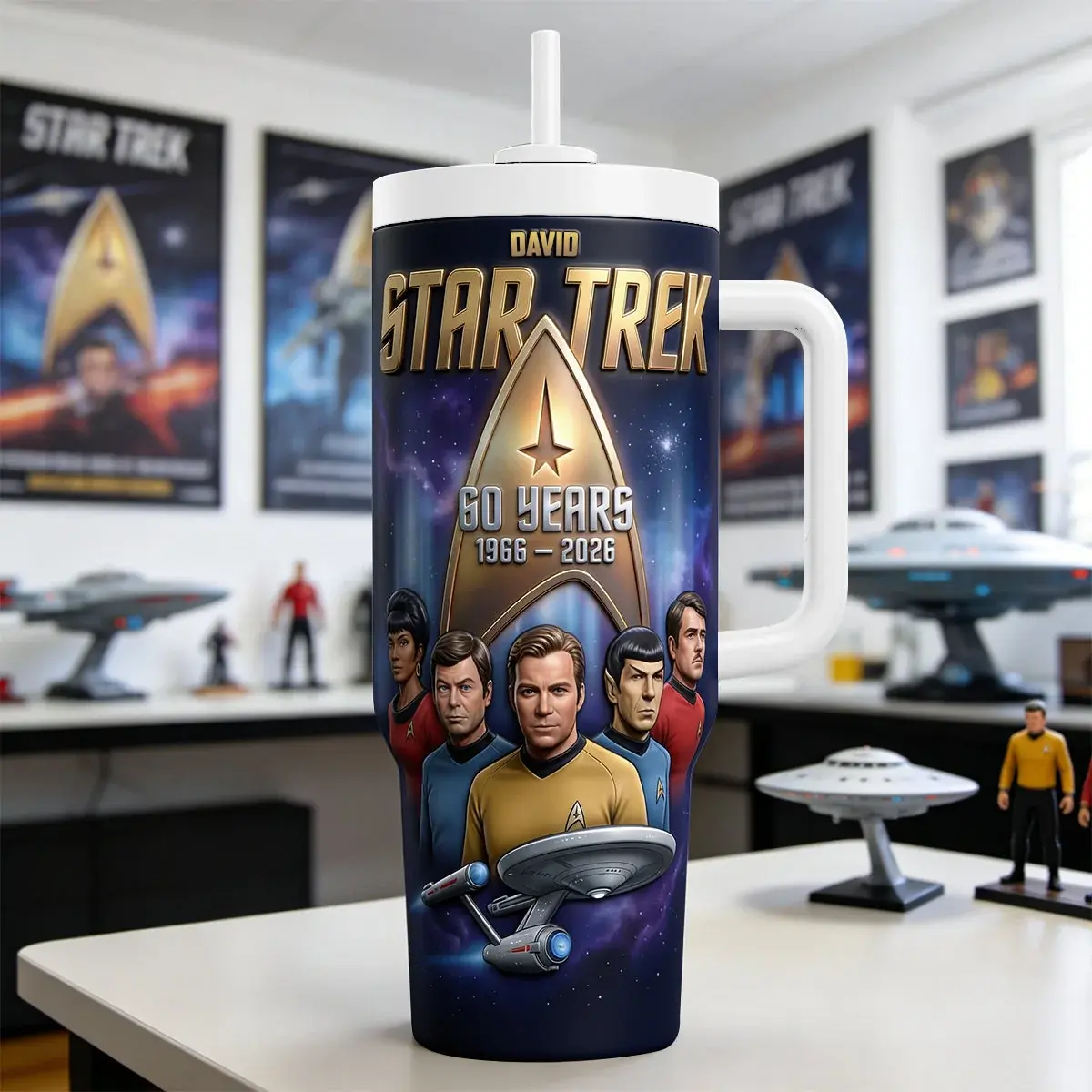 Star Trek 60th Anniversary 1966-2026 40oz Tumbler with Handle & Straw, Original Series Insulated Cup, USS Enterprise Travel Mug, Sci-Fi Fan Gift, Retro Space Collectible Drinkware