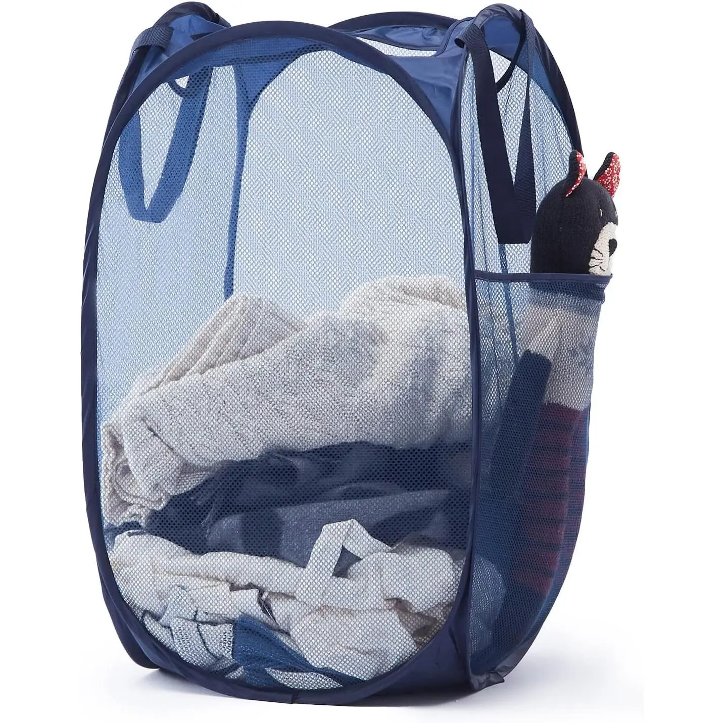 72L Navy Blue Square Collapsible Pop Up Laundry Basket - Polyester Fiber, Sturdy Handles, Side Pocket, Waterproof, Cute Portable Mesh Hamper for Student Bedroom, Everyday Use Dorm Storage