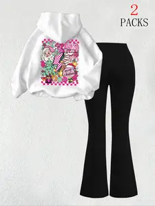 Women's Warm Hoodie Set with Slim Fit Bell Pants, Christmas Santa Rainbow Letter Print, Casual Loose-Fitting Sweatshirt with Kangaroo Pocket