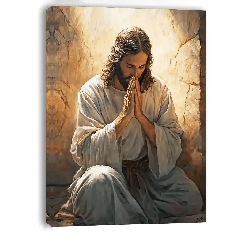 Wooden Praying Jesus Framed Wall Art - Minimalist Religious Decoration, Spiritual Room Accessories for Living Room, Office Home Supplies