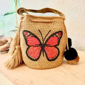 Woven Bucket Bag "Monarch" - Handmade 9in x 7in with Hand-Placed Rhinestones & Unique Natural Stains for a One-of-a-Kind Look
