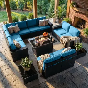 LayinSun 13 Pieces Outdoor Patio Furniture Set with 44" Fire Pit Table Brown Rattan Sectional Sofa Conversation Sets