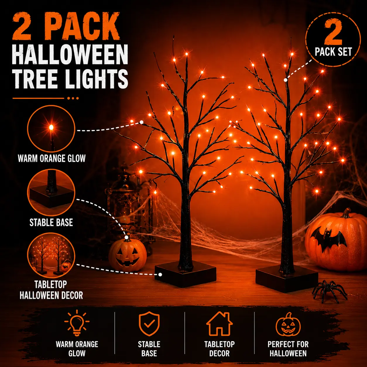 2 Pack Halloween Lighted Black Spooky Bare Tree with Orange LED Lights, Artificial Tabletop Decor Tree, USB & Battery Powered Halloween Decor Lights for Indoor Home, Mantel, Window, Party, Horror Pumpkin Skeleton Scene Atmosphere Ornament Lamp