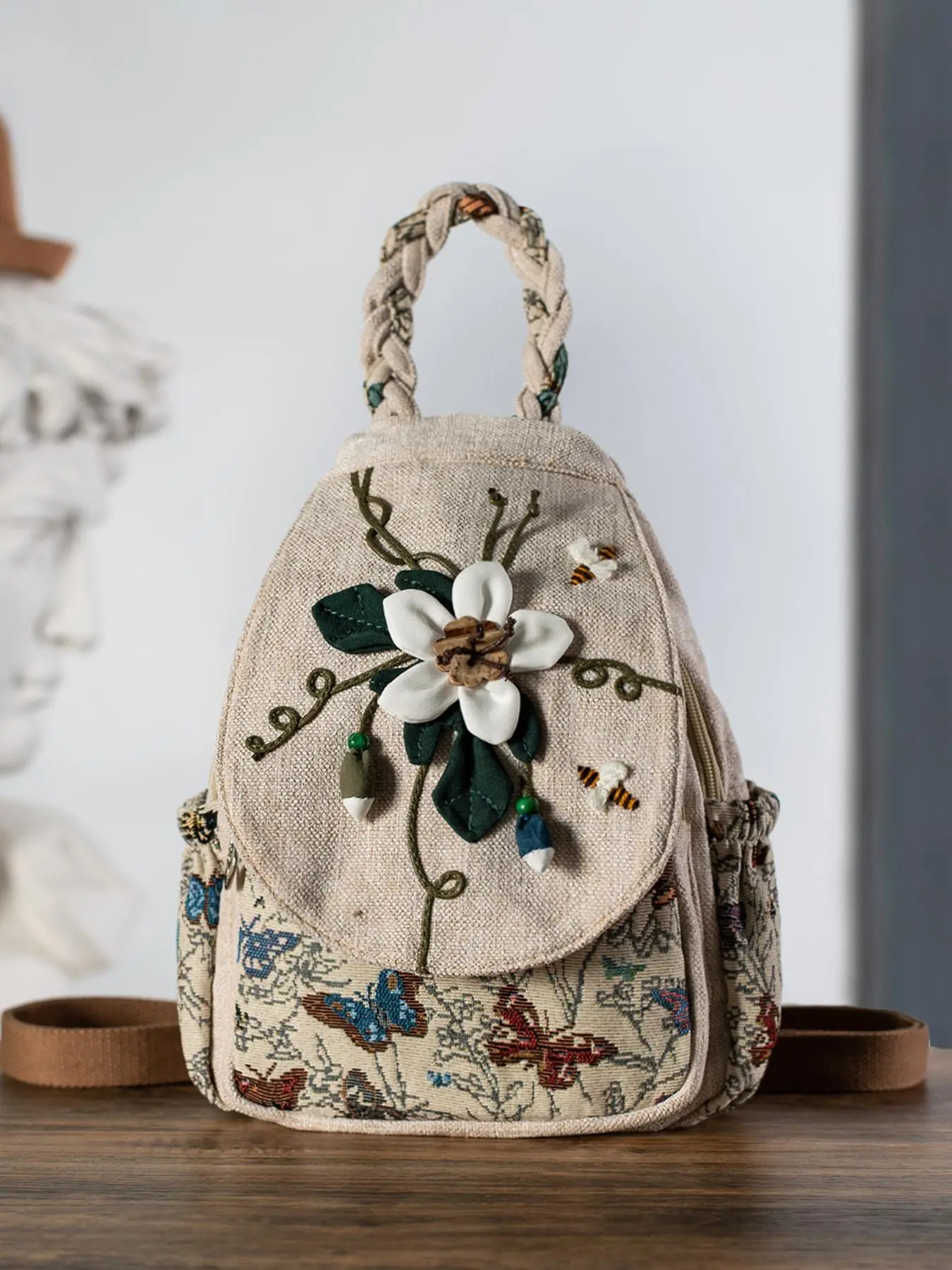 Boho Bohemian Style Flower Embroidered Backpack, Casual Backpack with Adjustable Strap, Lightweight Washable Backpack for Women & Girls