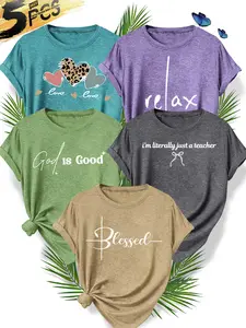 5Pcs Women's Crew Neck T-Shirts, Leopard Heart & Religious Slogan Series Print, Multiple Colors Available, Machine Washable, Spring & Summer Tops, Soft Skin-Friendly Fabric, Daily Versatile, Fashion Design