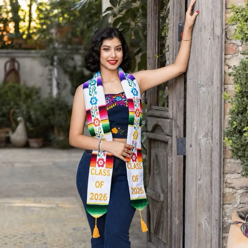 Mexican Embroidered Graduation Stole Class of 2026 White Floral Serape Graduation Sash