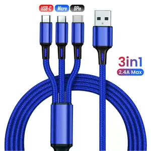 3 in 1 USB Charging Cable Universal 8 Pin USB-C Micro-USB Cell Phone Charger Cord 1.2m Braided Nylon Durable Alloy Connectors Fast Charging 2.4A Max