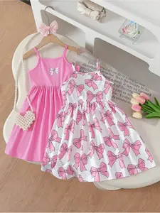 2pcs/Set Young Girls Fashionable Pink Bow Floral Print Camisole A-Line Elasticated Waist Dress For Casual, Beach, Holiday Wear, Summer Young Girl Bow Dress Girls Pink Bow Dress Young Girl Summer Dresses Clothes Girls Dresses Butterfly Print Dress